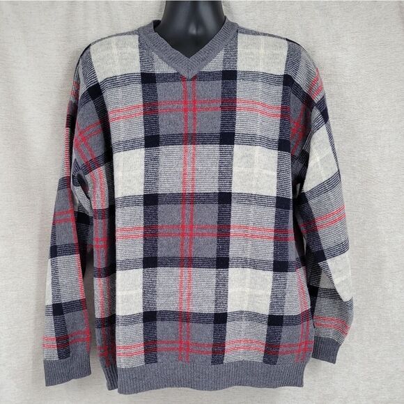 Nautica Vintage Wool V-Neck Navy Gray Red Windowpane Plaid Sweater Men's Large - Picture 1 of 11